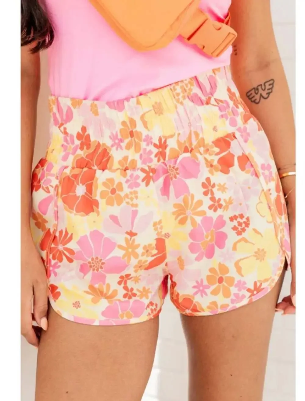 Trendsi Retro Orange and Pink Floral High Waisted Smocked Running Shorts